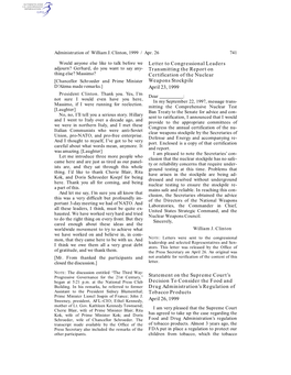 Letter to Congressional Leaders Transmitting the Report on Certification of the Nuclear Weapons Stockpile April 23, 1999 Stateme