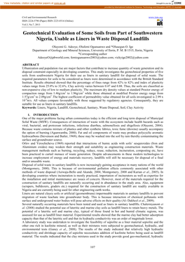 Geotechnical Evaluation of Some Soils from Part of Southwestern Nigeria, Usable As Liners in Waste Disposal Landfills