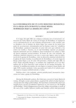 La Conformación De Un Coto Redondo Monástico En La Rioja Alta Durante La Edad Media: Hormilleja Bajo La Abadía De Cañas*