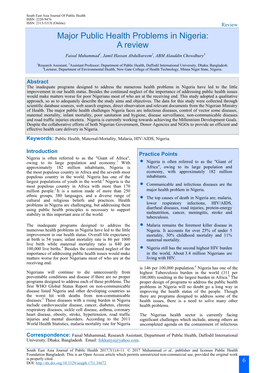 Major Public Health Problems in Nigeria: a Review Faisal Muhammad1, Jamil Hassan Abdulkareem2, ABM Alauddin Chowdhury3