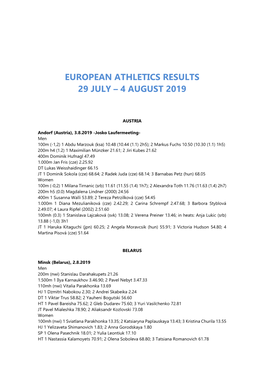 European Athletics Results 29 July – 4 August 2019