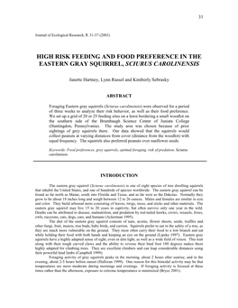 High Risk Feeding and Food Preference in the Eastern Gray Squirrel, Sciurus Carolinensis