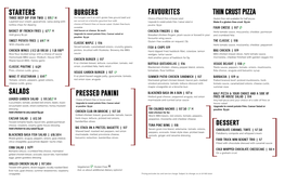 SALADS STARTERS FAVOURITES THIN CRUST PIZZA BURGERS PRESSED PANINI Dessert