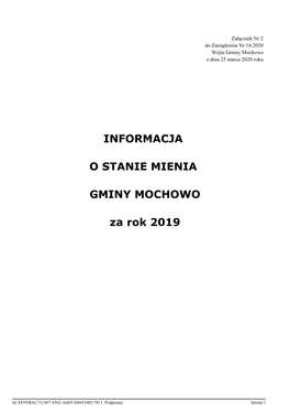 INFORMACJA O STANIE MIENIA Za Rok 2019 GMINY MOCHOWO