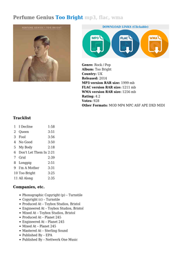 Perfume Genius Too Bright Mp3, Flac, Wma