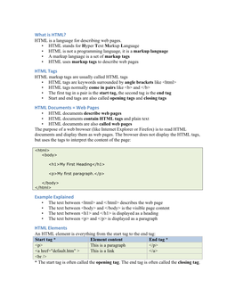 HTML Tags HTML Documents = Web Pages Example Explained HTML