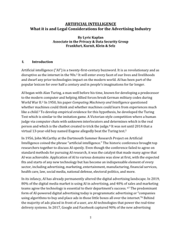 ARTIFICIAL INTELLIGENCE What It Is and Legal Considerations for the Advertising Industry