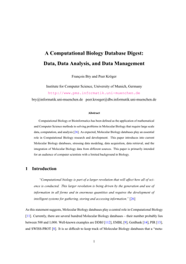 A Computational Biology Database Digest: Data, Data Analysis, and Data Management