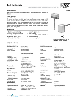 Duct Humidistats Specifications Subject to Change Without Notice