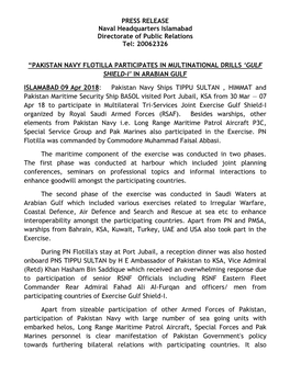 PRESS RELEASE Naval Headquarters Islamabad Directorate of Public Relations Tel: 20062326