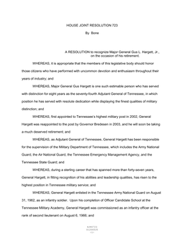 HOUSE JOINT RESOLUTION 723 by Bone a RESOLUTION to Recognize Major General Gus L. Hargett, Jr., on the Occasion of His Retirem