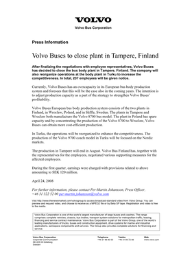 Volvo Buses to Close Plant in Tampere, Finland