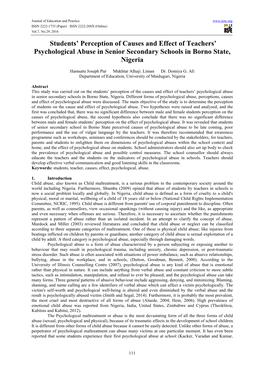 Students' Perception of Causes and Effect of Teachers' Psychological Abuse in Senior Secondary Schools in Borno State, Niger