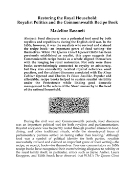 Restoring the Royal Household: Royalist Politics and the Commonwealth Recipe Book