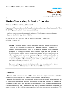 Rhenium Nanochemistry for Catalyst Preparation