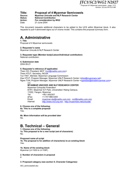 JTC1/SC2/WG2 N2827 Proposal of 4 Myanmar Semivowels - Page: 1/13 Version: 22-Jun-04 8:23 AM