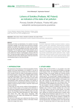 Lichens of Sokółka (Podlasie, NE Poland) As Indicators of the State of Air Pollution Porosty Sokółki (Podlasie, Polska NE) Jako Wskaźniki Zanieczyszczenia Powietrza