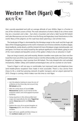 WESTERN TIBET (NGARI) 215 Tagyel-Tso Dawa-Tso Peiku-Tso © Lonely Planet Publications Planet Lonely © Lake Manasarovar Mt Kailash Ali Tsaparang