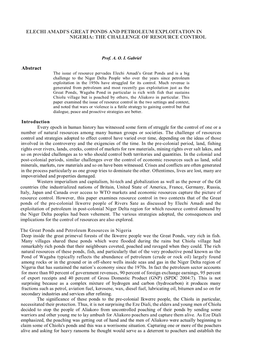 ELECHI AMADI's GREAT PONDS and PETROLEUM EXPLOITATION in NIGERIA: the CHALLENGE of RESOURCE CONTROL Abstract