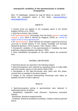 Interspecific Variability of the Spermatostyles in Carabids (Coleoptera) Note 14 (Adephaga), Released by Luigi De Marzo on Janua