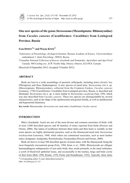 (Mesostigmata: Rhinonyssidae) from Cuculus Canorus (Cuculiformes: Cuculidae) from Leningrad Province, Russia