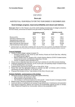 Devro Plc AUDITED FULL YEAR RESULTS for the YEAR ENDED 31 DECEMBER 2020