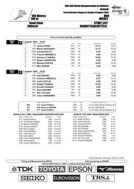 Semi-Final START LIST 100 Metres MEN Välierät