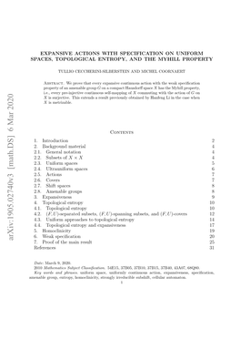 Expansive Actions with Specification on Uniform Spaces, Topological Entropy, and the Myhill Property