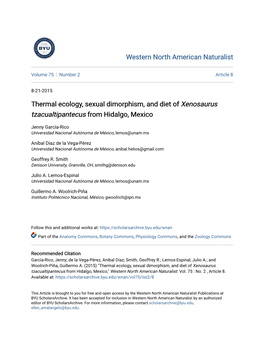 Thermal Ecology, Sexual Dimorphism, and Diet of Xenosaurus Tzacualtipantecus from Hidalgo, Mexico