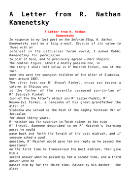 A Letter from R. Nathan Kamenetsky,Midrashic Exegesis and Biblical Interpretation in the Meshekh Hokhmah,German Orthodoxy, Hakir