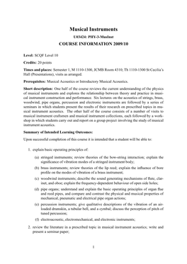 Musical Instruments U03424: PHY-3-Musinst COURSE INFORMATION 2009/10