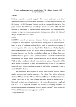 Women Candidates and Party Practice in the UK: Evidence from the 2009 European Elections