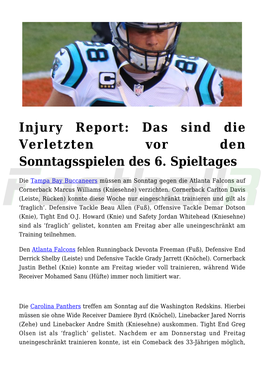 Injury Report: Das Sind Die Verletzten Vor Den Sonntagsspielen Des 6