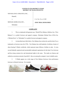 UNITED STATES DISTRICT COURT DISTRICT of MASSACHUSETTS NEW BALANCE ATHLETICS, INC., Plaintiff, V. MICHAEL KORS (USA) INC., Defen