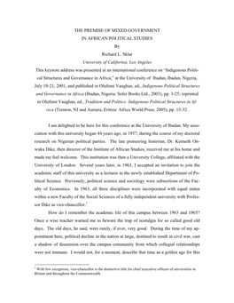 THE PREMISE of MIXED GOVERNMENT in AFRICAN POLITICAL STUDIES by Richard L. Sklar University of California, Los Angeles This Keyn