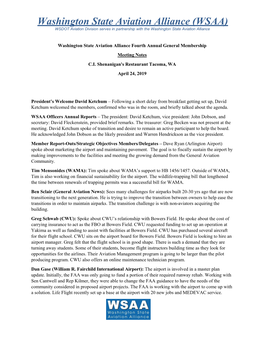 Washington State Aviation Alliance (WSAA) WSDOT Aviation Division Serves in Partnership with the Washington State Aviation Alliance