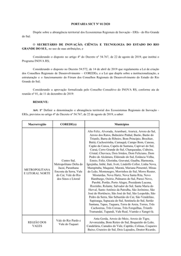 PORTARIA SICT Nº 01/2020 Dispõe Sobre a Abrangência Territorial Dos