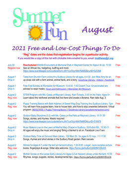 Free & Low Cost Things to Do August 2021