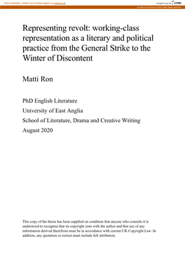 Working-Class Representation As a Literary and Political Practice from the General Strike to the Winter of Discontent