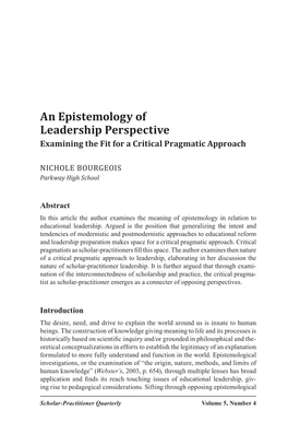 An Epistemology of Leadership Perspective Examining the Fit for a Critical Pragmatic Approach