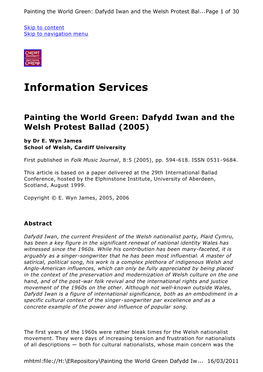 Information Services Painting the World Green: Dafydd Iwan and The