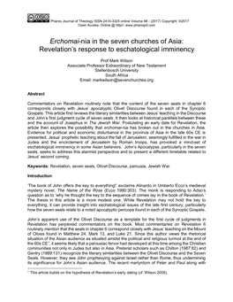 Erchomai-Nia in the Seven Churches of Asia: Revelation’S Response to Eschatological Imminency