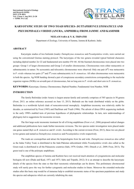 Karyotypic Study of Two Toad Species- Duttaphrynus Stomaticus and Pseudepidalea Viridis (Anura, Amphibia) from Jammu and Kashmir