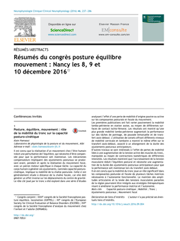 Résumés Du Congrès Posture Équilibre Mouvement : Nancy Les 8, 9 Et 10 Décembre 2016ଝ