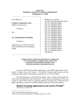 Global Crossing Approved to Sell Unit to Pivotal2 Thursday June 5, 12:39 Pm ET