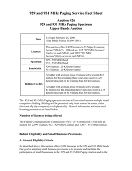 929 and 931 Mhz Paging Service Fact Sheet