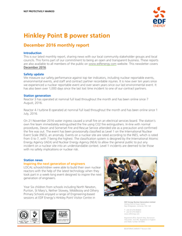 Hinkley Point B Power Station December 2016 Monthly Report