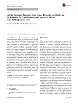 In Situ Resource Recovery from Waste Repositories: Exploring the Potential for Mobilization and Capture of Metals from Anthropogenic Ores