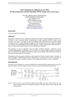 Active Damping of Oscillations in LC-Filter for Line Connected, Current Controlled, PWM Voltage Source Converters HERNES Magnar