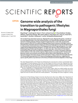 Genome Wide Analysis of the Transition to Pathogenic Lifestyles in Magnaporthales Fungi Received: 25 January 2018 Ning Zhang1,2, Guohong Cai3, Dana C
